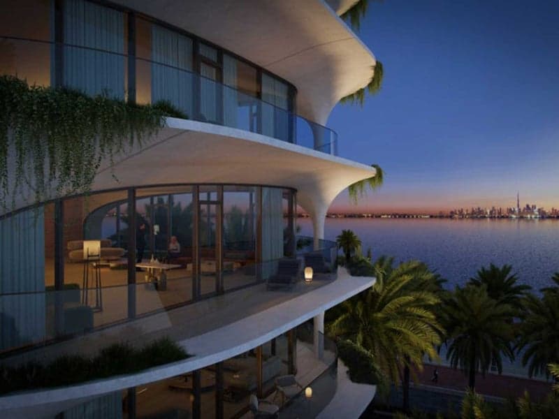 A stunning exterior view of the luxurious Ocean House by Ellington development on the crescent of Palm Jumeirah, Dubai.