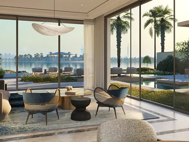 An architectural rendering of the Six Senses Residences on the Palm Jumeirah with a clear blue sky.