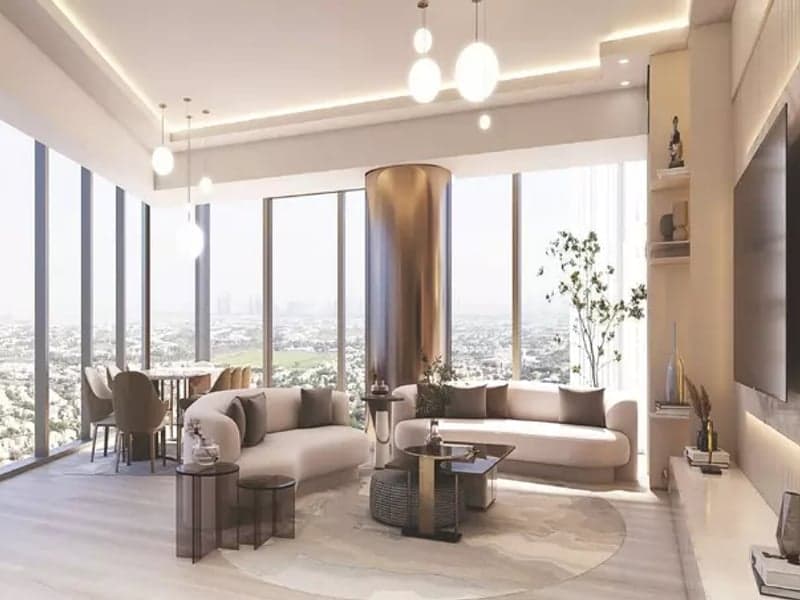 An infographic showing a checklist for the Me Do Re 2 property handover process, with a blurred background of the Jumeirah Lakes Towers skyline.