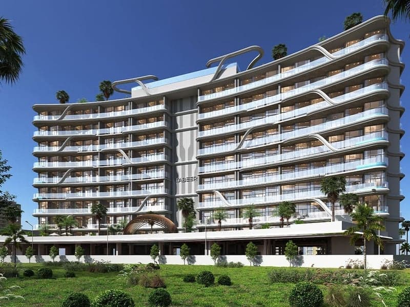 The modern apartment building of 48 Parkside by Tabeer Development, located in Arjan, Dubai.