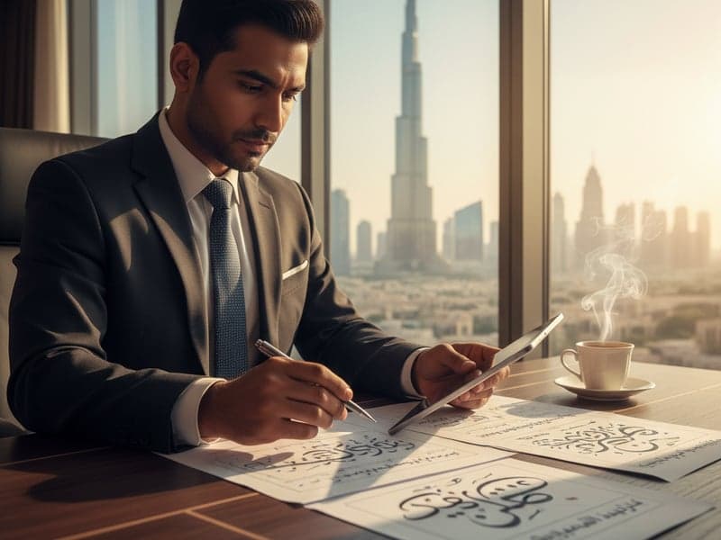 A person reviewing Islamic finance documents with Arabic script on a desk