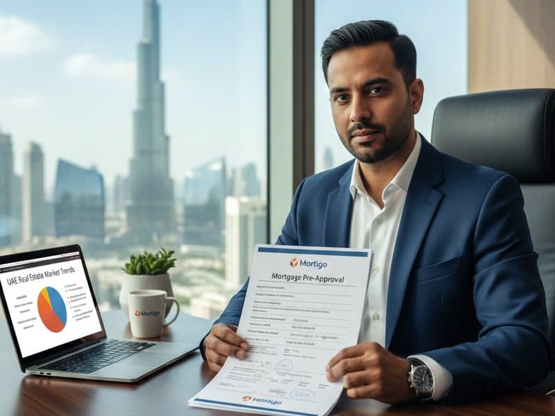 A professional expat reviewing mortgage pre-approval documents in a modern Dubai office setting.