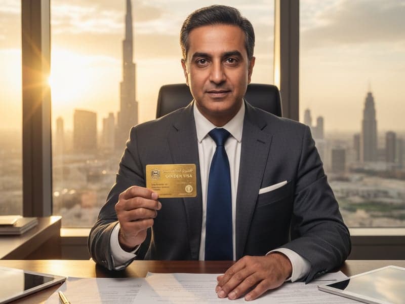 A person holding a UAE Golden Visa card next to a property investment document and the Dubai skyline