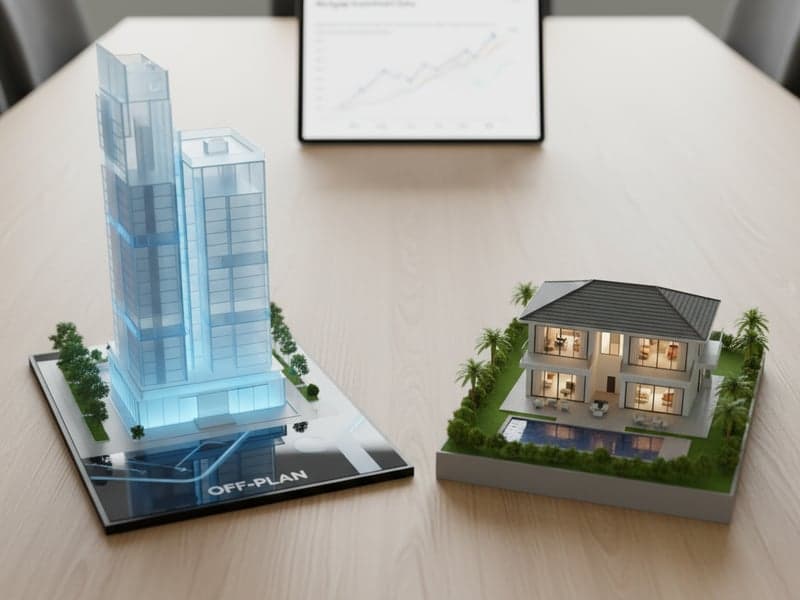 A close-up shot of two distinct property models on a table – one a translucent, futuristic architectural model (representing off-plan) and the other a detailed, fully finished house model (representing ready property). A financial graph or tablet with mortgage data is subtly blurred in the background.