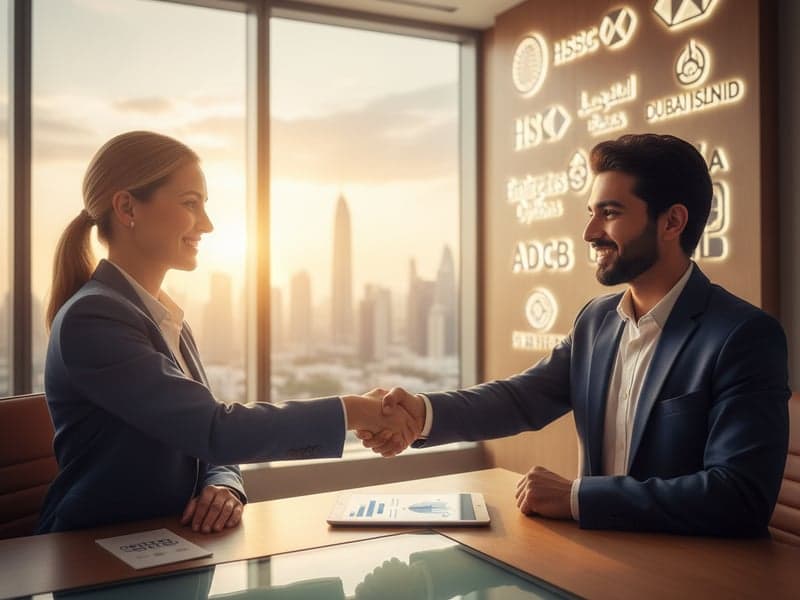A person confidently shaking hands with a professional mortgage consultant in a modern office, while a blurred background shows multiple bank logos.