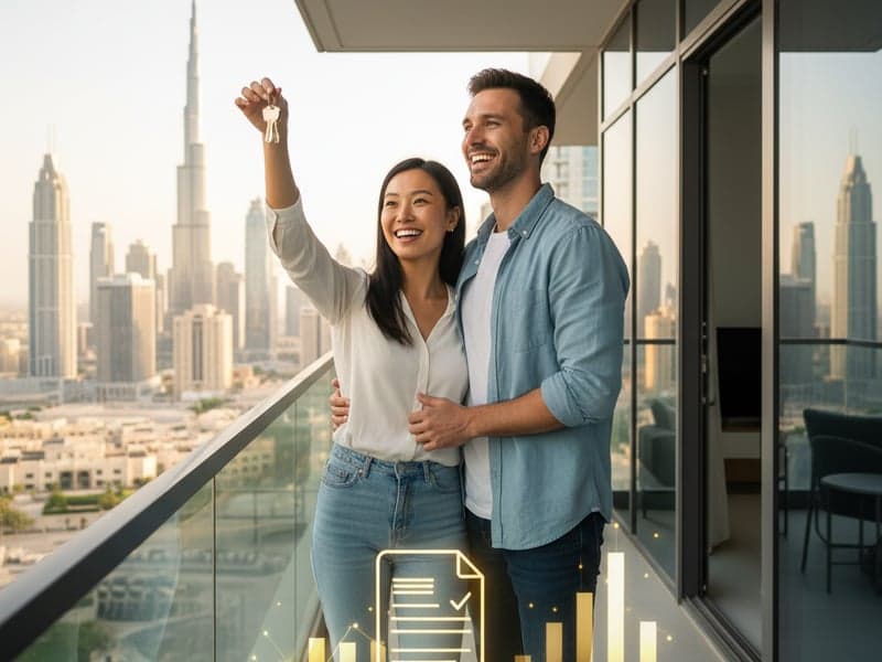 A diverse expat couple smiling confidently on a balcony overlooking a modern Dubai skyline, with a subtle filter of financial charts or a mortgage document in their hand.