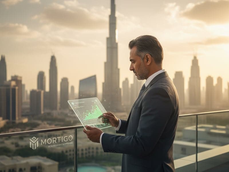 Global investor looking at a financial chart next to a modern Dubai skyscraper, illustrating a non-resident mortgage investment.