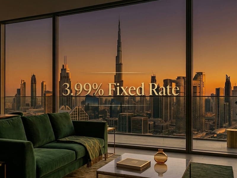 Dubai skyline at golden hour viewed through luxury apartment windows, ADIB 3.99% fixed rate mortgage buyout UAE