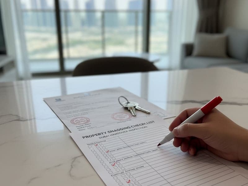 Detailed property snagging checklist on a marble table with a red pen in Dubai for the final handover inspection.